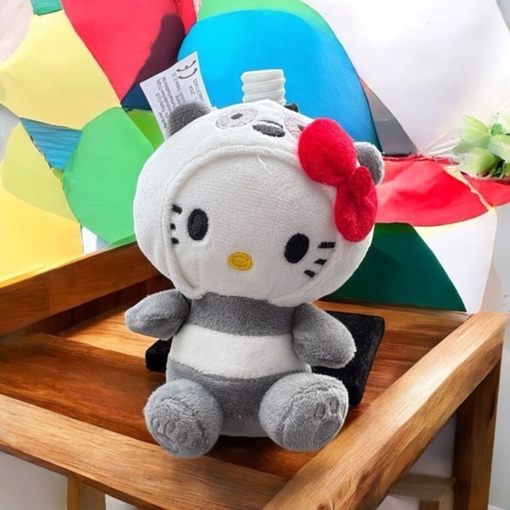 Sanrio Hello Kitty wearing Panda Suit Gray and Red Stuffed Animal Kawaii Anime